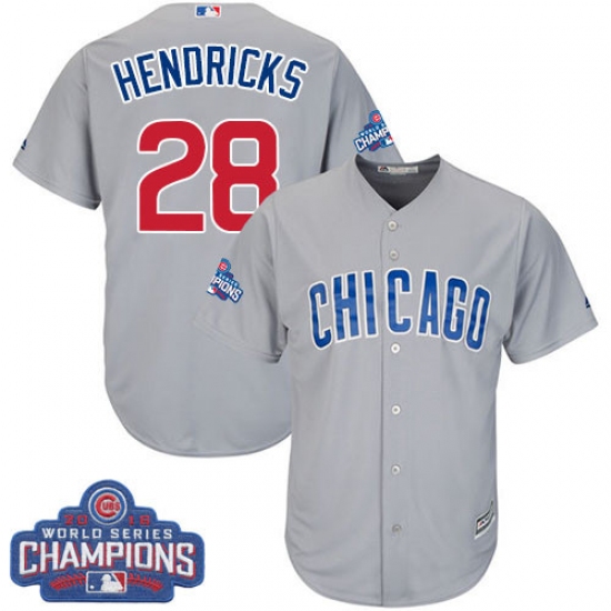 Youth Majestic Chicago Cubs #28 Kyle Hendricks Authentic Grey Road 2016 World Series Champions Cool Base MLB Jersey - Ujersey
