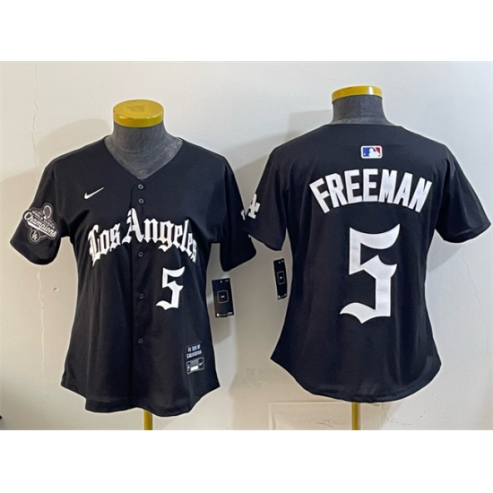 Women's Los Angeles Dodgers #5 Freddie Freeman Black 2025 World Series Champions LA Gothic Edition Limited Stitched Baseball Jersey(Run Small) - Ujersey