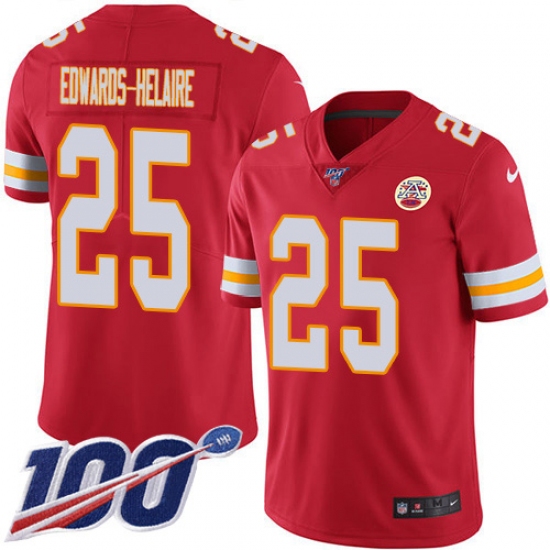 Men's Kansas City Chiefs #25 Clyde Edwards-Helaire Red Team Color Stitched 100th Season Vapor Untouchable Limited Jersey - Ujersey