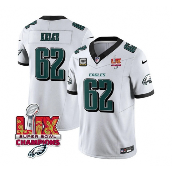 Men's Philadelphia Eagles #62 Jason Kelce White 2025 Eagles Logo Super Bowl  And 4-Star C New F.U.S.E. Vapor Limited Football Stitched Jersey - Ujersey