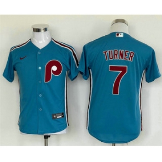 Youth Philadelphia Phillies #7 Trea Turner Blue Stitched MLB Cool Base Nike Jersey - Ujersey