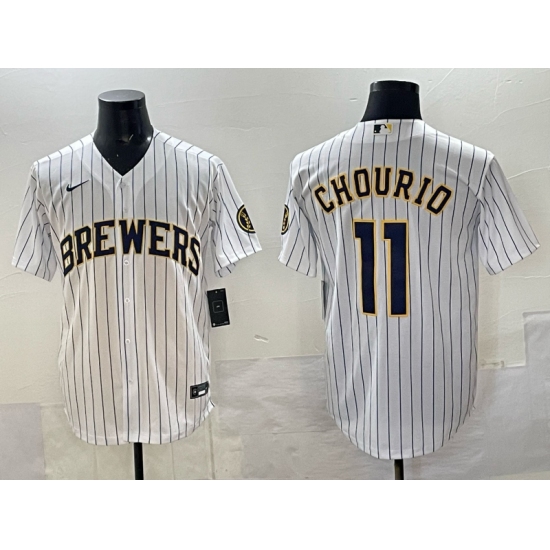 Men's Milwaukee Brewers #11 Jackson Chourio White Pinstripe 2025 With Stitched Baseball Jersey