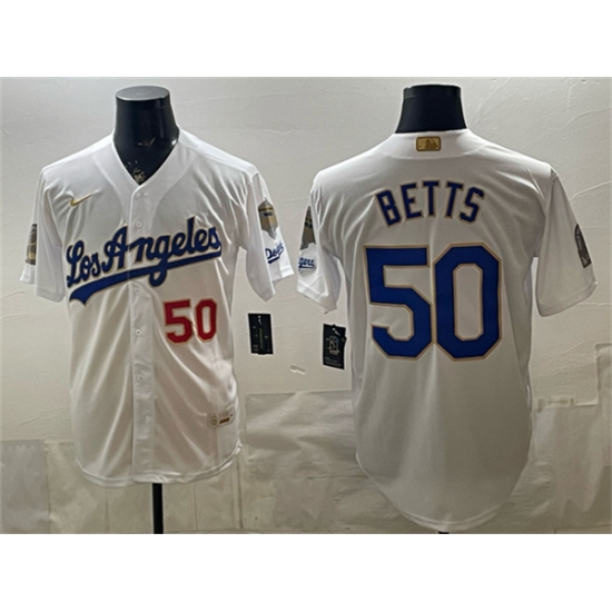 Men's Los Angeles Dodgers #50 Mookie Betts White 2026 Gold Collection 9x & B2B Champs Stitched Baseball Jersey - Ujersey