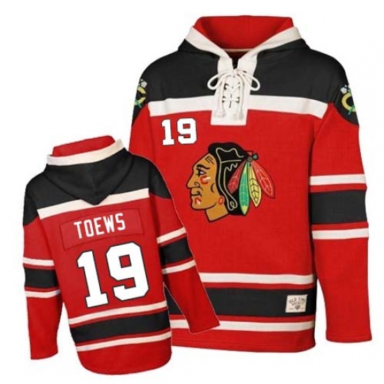 Men's Old Time Hockey Chicago Blackhawks #19 Jonathan Toews Authentic Red Sawyer Hooded Sweatshirt NHL Jersey - Ujersey