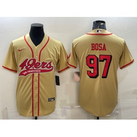 Men's San Francisco 49ers #97 Nick Bosa Gold Color Rush With Patch Cool Base Stitched Baseball Jersey - Ujersey
