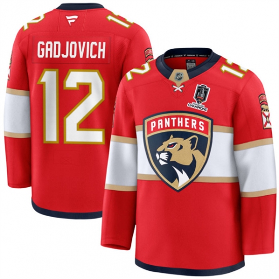 Men's Florida Panthers #12 Jonah Gadjovich Red Home 2025 Stanley Cup Champions Stitched Jersey