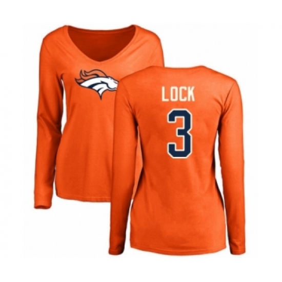 Football Women's Denver Broncos #3 Drew Lock Orange Name & Number Logo Long Sleeve T-Shirt - Ujersey