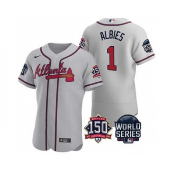 Men's Atlanta Braves #1 Ozzie Albies 2021 Gray World Series Flex Base With 150th Anniversary Patch Baseball Jersey - Ujersey