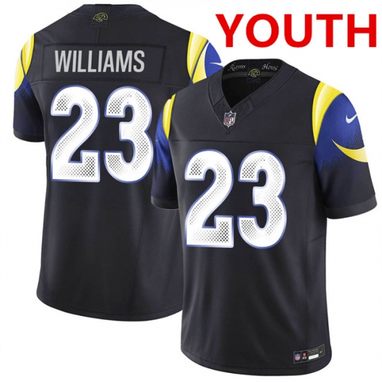 Youth los angeles rams #23 kyren williams midnight blue 2025 f.u.s.e. “rivalries” vapor limited football stitched jersey - Ujersey