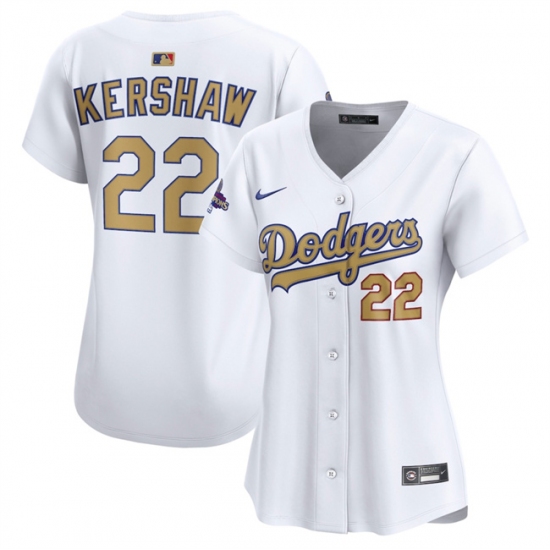 Women's Los Angeles Dodgers #22 Clayton Kershaw White 2025 Gold Collection Limited Stitched Baseball Jersey(Run Small) - Ujersey