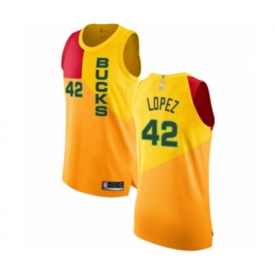 Men's Milwaukee Bucks #42 Robin Lopez Authentic Yellow Basketball Jersey - City Edition - Ujersey