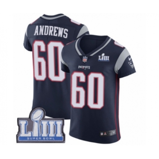 Men's Nike New England Patriots #60 David Andrews Navy Blue Team Color Vapor Untouchable Elite Player Super Bowl LIII Bound NFL Jersey - Ujersey