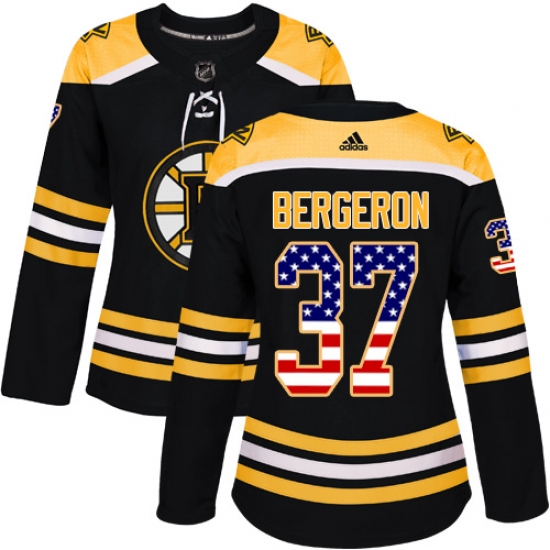 Women's Adidas Boston Bruins #37 Patrice Bergeron Authentic Black USA Flag Fashion NHL Jersey - Ujersey