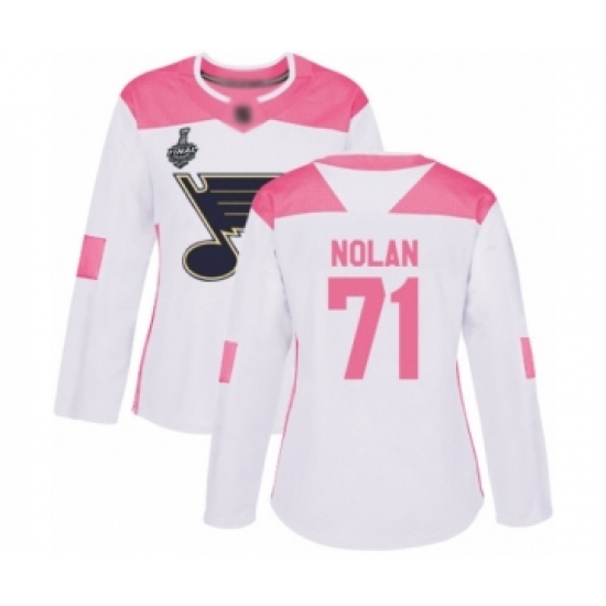 Women's St. Louis Blues #71 Jordan Nolan Authentic White Pink Fashion 2019 Stanley Cup Final Bound Hockey Jersey - Ujersey
