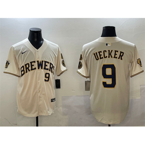 Men's Milwaukee Brewers #9 Bob Uecker Cream With Home Limited Stitched Baseball Jersey - Ujersey