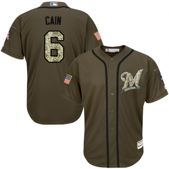 Men's Majestic Milwaukee Brewers #6 Lorenzo Cain Authentic Green Salute to Service MLB Jersey - Ujersey