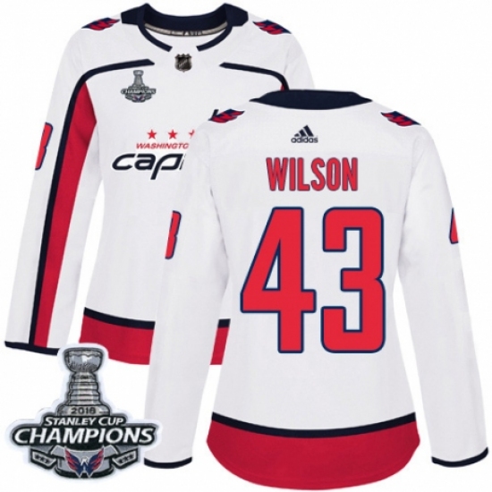 Women's Adidas Washington Capitals #43 Tom Wilson Authentic White Away 2018 Stanley Cup Final Champions NHL Jersey - Ujersey