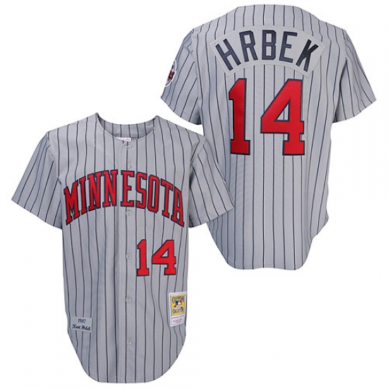 Men's Mitchell and Ness 1987 Minnesota Twins #14 Kent Hrbek Authentic Grey Throwback MLB Jersey - Ujersey