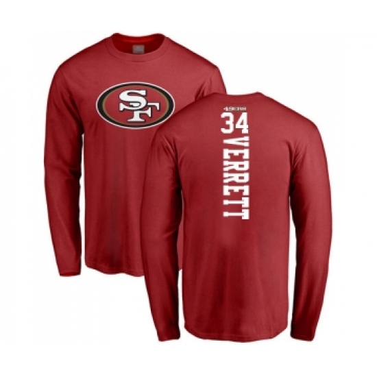Football San Francisco 49ers #34 Jason Verrett Red Backer Long Sleeve T-Shirt - Ujersey