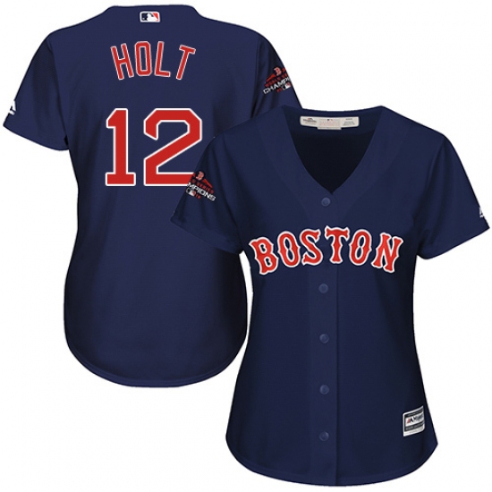 Women's Majestic Boston Red Sox #12 Brock Holt Authentic Navy Blue Alternate Road 2018 World Series Champions MLB Jersey
