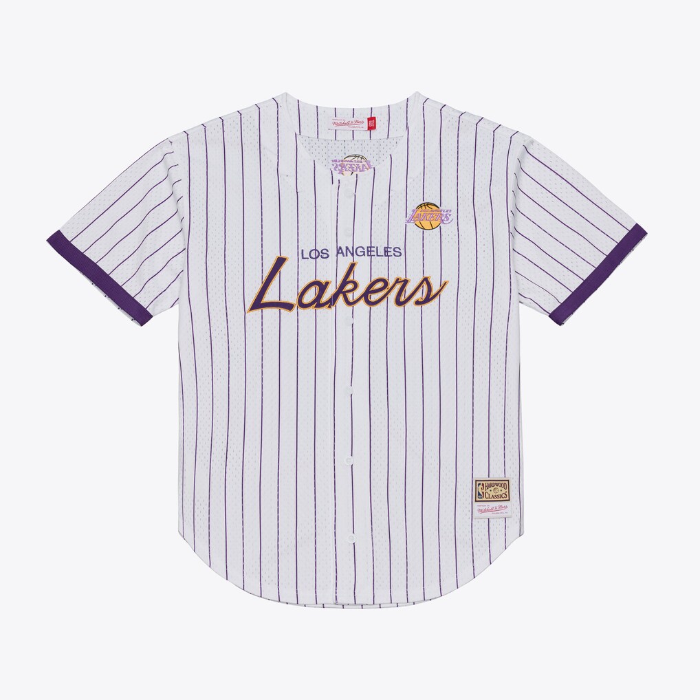 Men's Los Angeles Lakers Mitchell & Ness White Head Coach Pinstripe Mesh Full-Button Baseball Jersey - SUjersey01