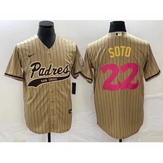 Men's San Diego Padres #22 Juan Soto Tan Pinstripe 2023 City Connect Cool Base Stitched Jersey 1 - Ujersey