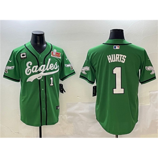 Men's Philadelphia Eagles #1 Jalen Hurts Green 2025 Super Bowl LIX And 3-Star C Stitched Baseball Jersey - Ujersey