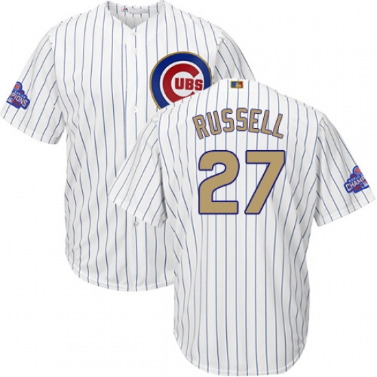 Youth Majestic Chicago Cubs #27 Addison Russell Authentic White 2017 Gold Program Cool Base MLB Jersey - Ujersey