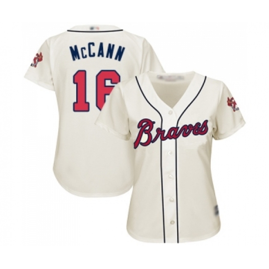 Women's Atlanta Braves #16 Brian McCann Replica Cream Alternate 2 Cool Base Baseball Jersey - Ujersey
