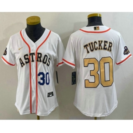 Women's Houston Astros #30 Kyle Tucker Number 2023 White Gold World Serise Champions Cool Base Stitched Jersey - Ujersey