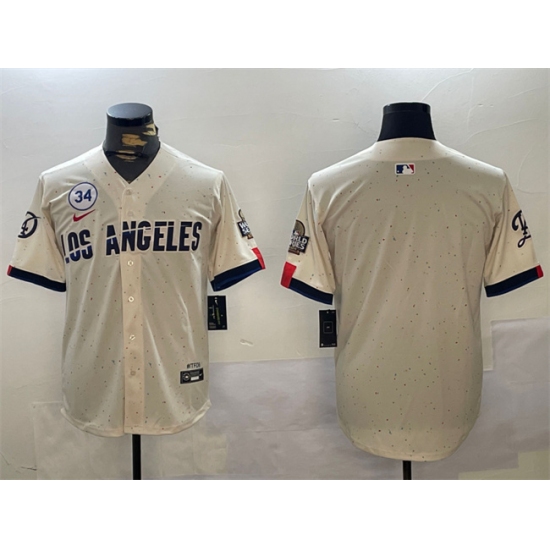 Men's Los Angeles Dodgers Blank Cream 2024 World Series With No. 34 Limited Stitched Baseball Jersey - Ujersey