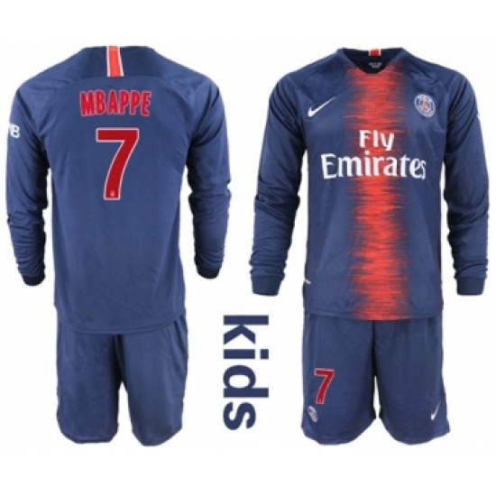 Paris Saint-Germain #7 Mbappe Home Long Sleeves Kid Soccer Club Jersey