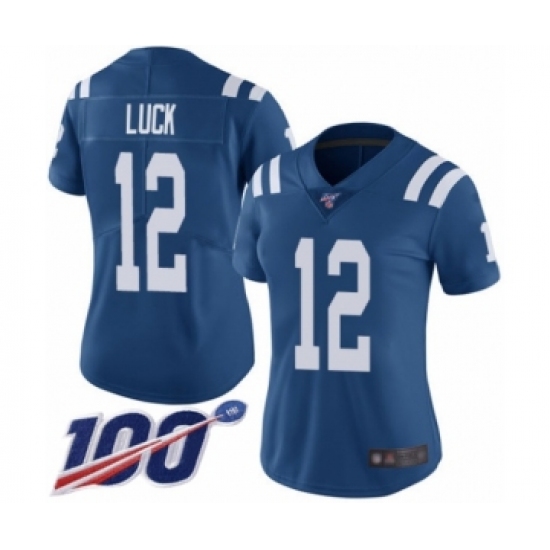Women's Nike Indianapolis Colts #12 Andrew Luck Royal Blue Team Color Vapor Untouchable Limited Player 100th Season NFL Jersey - Ujersey