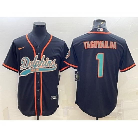 Men's Miami Dolphins #1 Tua Tagovailoa Black With Patch Cool Base Stitched Baseball Jersey - Ujersey