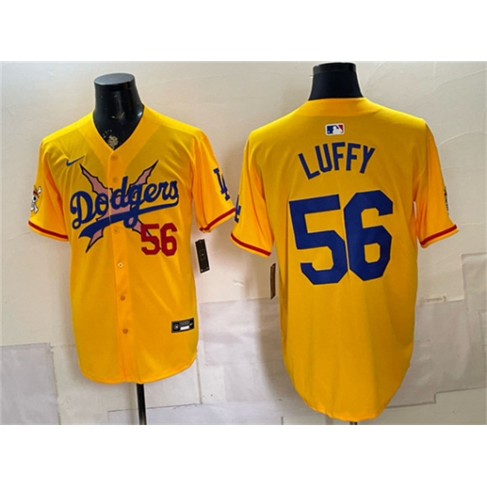 Men's Los Angeles Dodgers x One Piece #56 Luffy Yellow Vapor Premier Limited Stitched Baseball Jersey - Ujersey