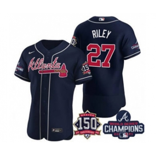 Men's Atlanta Braves #27 Austin Riley 2021 Navy World Series Champions With 150th Anniversary Flex Base Stitched Jersey - Ujersey