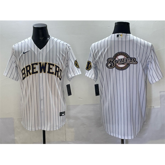 Men's Milwaukee Brewers Team Big Logo White Pinstripe 2025 With Stitched Baseball Jersey - Ujersey