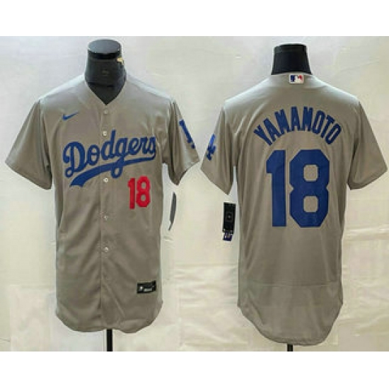 Men's Los Angeles Dodgers #18 Yoshinobu Yamamoto Number Grey Stitched Flex Base Nike Jersey - Ujersey