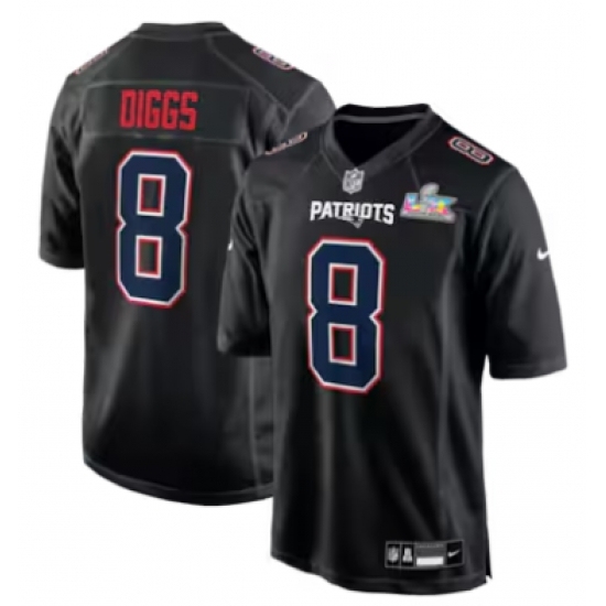 Men's New England Patriots #8 Stefon Diggs Black Nike Super Bowl LX Carbon Fashion Game Jersey - Ujersey