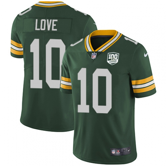 Men's Green Bay Packers #10 Jordan Love Green Team Color 100th Season Stitched NFL Vapor Untouchable Limited Jersey - Ujersey