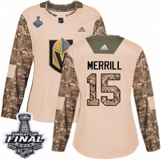 Women's Adidas Vegas Golden Knights #15 Jon Merrill Authentic Camo Veterans Day Practice 2018 Stanley Cup Final NHL Jersey - Ujersey