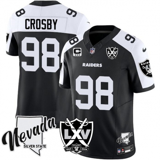 Men's Las Vegas Raiders #98 Maxx Crosby Black White 2024 F.U.S.E With Nevada Silver Stat And 65th Anniversary 3-Star C Stitched Football Jersey - Ujersey