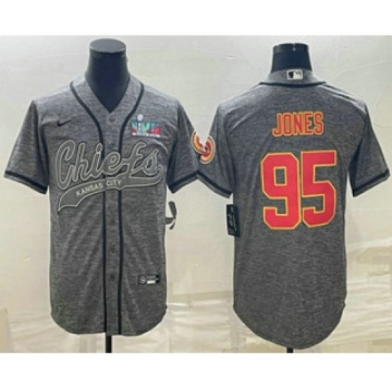 Men's Kansas City Chiefs #95 Chris Jones Grey With Super Bowl LVII Patch Cool Base Stitched Baseball Jersey - Ujersey