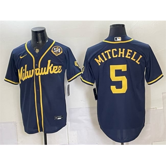 Men's Milwaukee Brewers #5 Garrett Mitchell Navy With Home & Bob Uecker Patch Limited Stitched Baseball Jersey