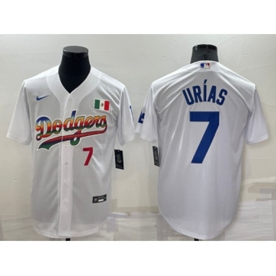 Men's Los Angeles Dodgers #7 Julio Urias Rainbow Number White Mexico Cool Base Nike Jersey - Ujersey