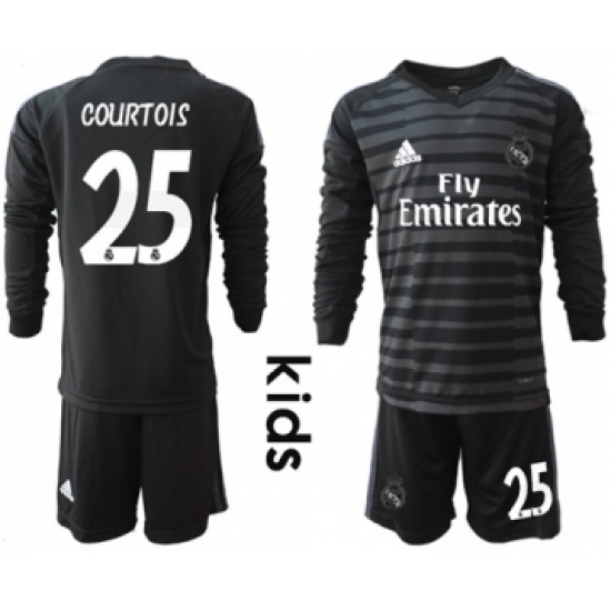 Real Madrid #25 Courtois Black Goalkeeper Long Sleeves Kid Soccer Club Jersey