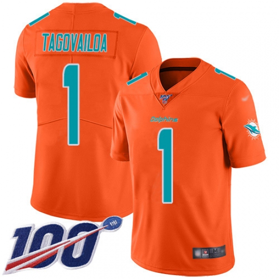 Men's Miami Dolphins #1 Tua Tagovailoa Orange Stitched Limited Inverted Legend 100th Season Jersey - Ujersey