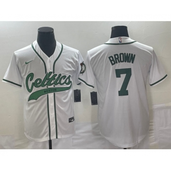 Men's Boston Celtics #7 Jaylen Brown White With Patch Stitched Baseball Jersey - Ujersey