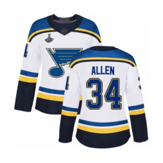 Women's St. Louis Blues #34 Jake Allen Authentic White Away 2019 Stanley Cup Champions Hockey Jersey - Ujersey