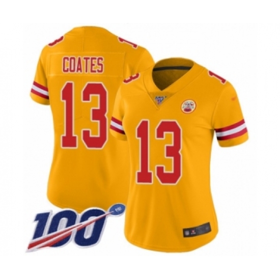 Women's Kansas City Chiefs #13 Sammie Coates Limited Gold Inverted Legend 100th Season Football Jersey - Ujersey